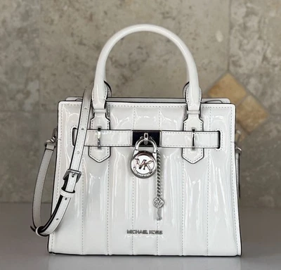 Michael Kors Hamilton Small Satchel Shoulder Crossbody Bag Patent Quilted White - Image 1 of 4