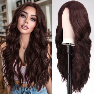 Dark Brown 26 Inch Long Middle Part Curly Wavy Synthetic Wig + Wig Cap - Picture 1 of 6