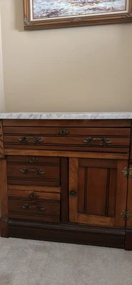 Antique Brown Marble Top  Wash Stand  3 Drawer And 1 Cabinet - Image 1 of 4