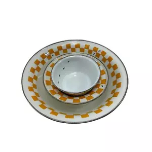 The Golden Rabbit II Joan Wilkes Gold Checkers & Ants Enamelware Bowls Set of 3 - Picture 1 of 14