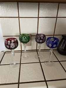 SET of 4 Lead Crystal Wine Goblet Hocks Cut To Clear 8 1/4" colors OUTSTANDING! - Picture 1 of 4