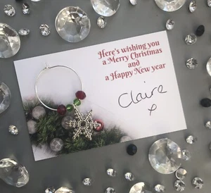 6x Handmade Gift & Place Card, Xmas Table Gift - Snowflake Crystal Wine charm - Picture 1 of 3