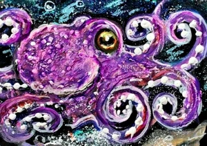 ORIGINAL ACEO Painting Purple OCTOPUS Sea Ocean Squid Fish Marine 8 Legs ATC ART - Picture 1 of 1