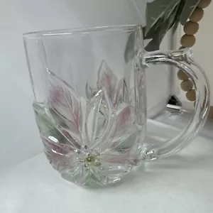 Rare Savoir Vivre Holiday Spirit Glass Mug Christmas 1980s Raised Poinsettia - Picture 1 of 6