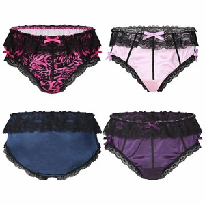 Men's Satin Silky Briefs Underwear Lace Frilly Ruffles Sissy Panties Underpants - Picture 1 of 59