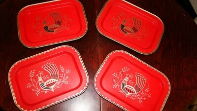 Tidbit Tip Tray Metal Serving 5"H x 7"L Red - Peacock - Lot of 4 - Red MCM Vtg - Image 1 of 4