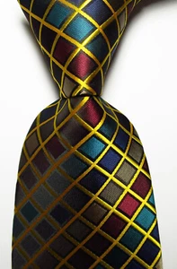 New Classic Checks Gold Red Blue Brown JACQUARD WOVEN Silk Men's Tie Necktie - Picture 1 of 2