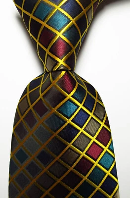 New Classic Checks Gold Red Blue Brown JACQUARD WOVEN Silk Men's Tie Necktie - Image 1 of 2