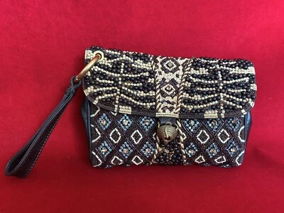 Bolsa de mão Roberto Cavalli étnica cristal frisado couro marrom clutch pulseira - Imagem 1 de 4