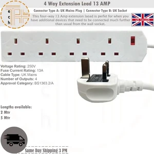 4 Gang Way Extension Lead Electric Plug Socket UK Mains Power - Picture 1 of 1
