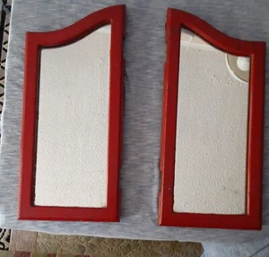 VINTAGE VANITY WING MIRRORS ARCHED TOP RED PAINTED FRAME 19.25-16"tall x 9"wide  - Picture 1 of 12