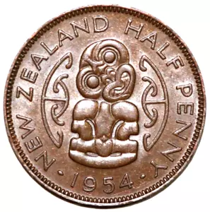 New Zealand 1954 1/2 penny,Hei Tiki Queen Elizabeth II,KEY DATE-Foreign Coin25mm - Picture 1 of 2