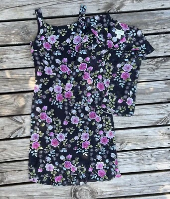 Vestido midi floral vintage años 90 sin mangas talla 10 negro rosa 2 piezas caprichoso grunge Foto 1 de 4
