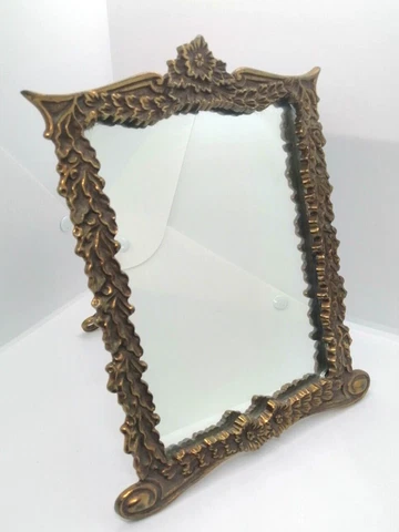 VINTAGE Brass/Bronze Victorian Ornate Table Beveled 10x7.45" Mirror Desk glass Cover