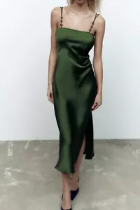Zara Satén Vestido con Pedrería Correas Verde Antideslizamiento Midi XS 6 2 34 - Imagen 1 de 10
