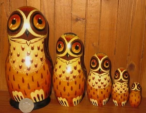 Matryoshka Owl Brown family 5 Nesting Russian Dolls Babushka Gorodetskaya signed - Picture 1 of 11