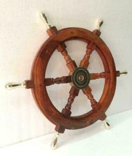 Vintage Boat Ships Captains Nautical Wooden 18" Wheel Brass Handle Wall Decor