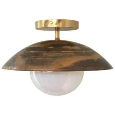 Vintage Brass & Patinated Metal Semi-Flush Mount Light - Opal Glass Globe - Image 1 of 4