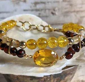 8 Carats Whiskey Citrine & Authentic Baltic Amber In Two Strand Bead Bracelet - Picture 1 of 5