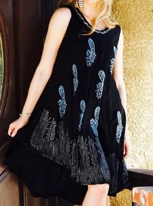 Women boho Dress, Beach Cover Up, Paisley Embroidered Sleeveless black Large - Picture 1 of 6