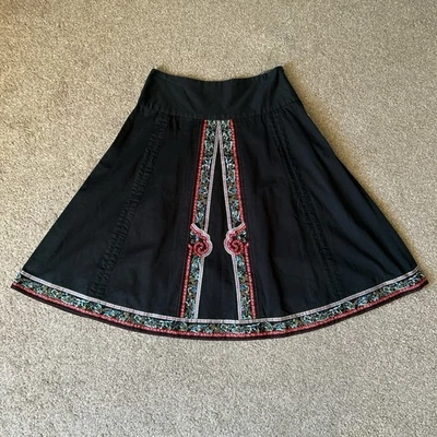 Warehouse Y2K 100% Cotton Black Aline Midi Skirt With Embroidery Detail Size 10 - Image 1 of 4