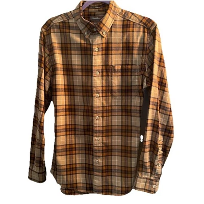Camisa de franela de algodón a cuadros marrón tostado pequeña EDDIE BAUER para hombre calce clásico Foto 1 de 4