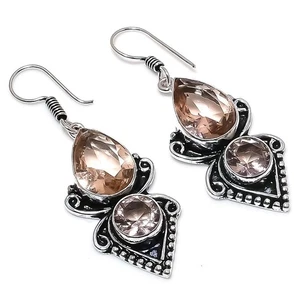 Peach Morganite Gemstone Handmade 925 Sterling Silver Jewelry Earring Size 2" - Picture 1 of 1