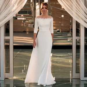Elegant A-Line Wedding Dresses Boat Neck 3/4 Sleeves Lace Appliques Bridal Gowns - Picture 1 of 7