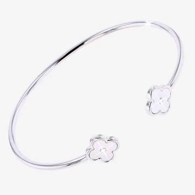 925 Sterling Silver Natural Mother of Pearl and Moissanite 4 Leaf Clover Bangle - Image 1 of 3