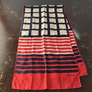 Bufanda de seda Echo 66”x15” patrón geométrico rectangular rojo blanco y negro - Imagen 1 de 4