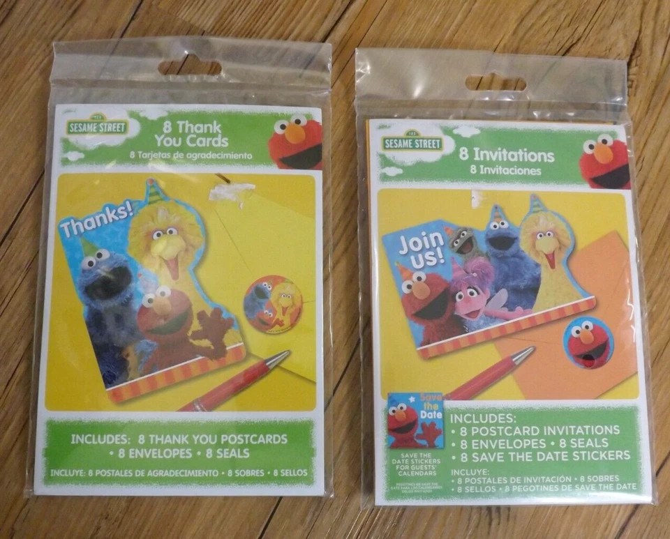 NUEVO LOTE de 2 invitaciones de fiesta de cumpleaños y tarjetas de agradecimiento CALLE SÉSAMO 8 cada una Foto 1 de 1