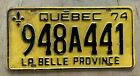 1974 LA BELLE PROVINCE QUEBEC CANADA AUTO LICENSE PLATE " 948 A 441 " QC 74