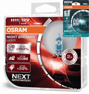 Osram H11 12V 55W NIGHT BREAKER LASER +150% mehr Helligkeit 2Stk.+W5W Blau - Bild 1 von 4