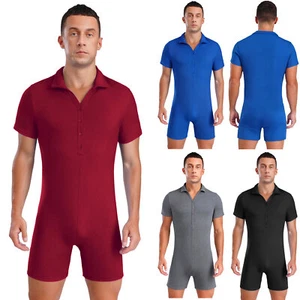 Men's Underwear Short Sleeve Henley Jumpsuit Pajamas Stretchy One Piece Bodysuit - Picture 1 of 47