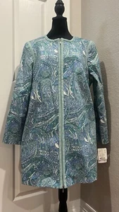 $425 Women's Doncaster Cotton spring summer Blues Greens zip Long jacket Sz 18M - Picture 1 of 24