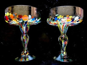 2 Mexican Hand Blown Confetti Margarita Glasses Multicolor Heavy 6.5”H/5”D EC - Bild 1 von 5