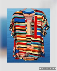 John Mark bunte kurze Rüschenärmel V-Ausschnitt Hi/Lo Saum leichte Bluse Sm - Bild 1 von 11