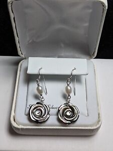  Sterling Silver Black Mother-of-Pearl Flower & FWC Pearl Drop Earrings - $125