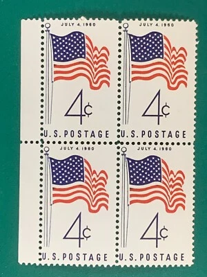US Postage Block 4Cents Stamp 1960 American Flag July 4th 1960 Unused - Image 1 of 2