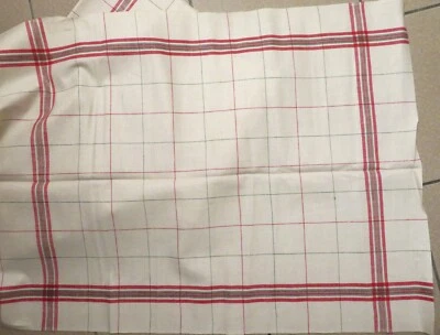 TORCHONS à ourler COUPON ancien LIN bis à LITEAUX ROUGES/VERTS - LOT 6 TORCHONS - Photo 1/4