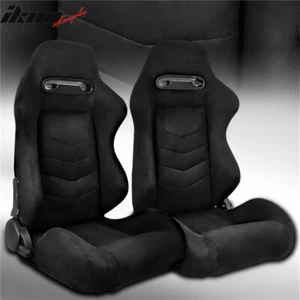 Universal Pair Reclinable Racing Seats Dual Slider Black Suede&Carbon Leather - Picture 1 of 19