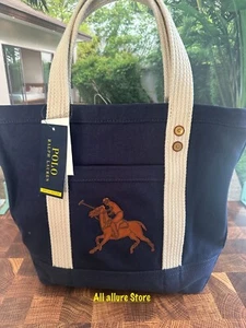 Polo Ralph Lauren Pony Leather Patch Canvas Tote Bag Men'S/Women'S Navy Limited - Picture 1 of 9