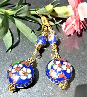 Vintage blue Cloisonne enamel Floral beads Dangle Drop pierced Earrings  - Image 1 of 3
