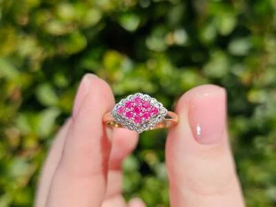 Vintage 9ct Gold Ruby and Diamond Kite Shaped Cluster Ring Size Uk Q (EU 57.6, - Image 1 of 4