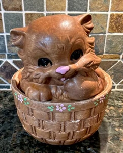 Vintage Twin Winton California Pottery Brown Cat Kitten In Basket Cookie Jar - Picture 1 of 19