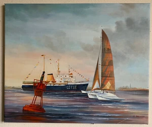 Ölgemälde Leinwand Maritim Elb Lotse Elbschiffer Katamaran Elbmündung 60x50cm - Bild 1 von 8