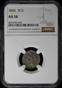 1866 Three Cent Piece - Copper Nickel 3CN NGC AU58 - Picture 1 of 4