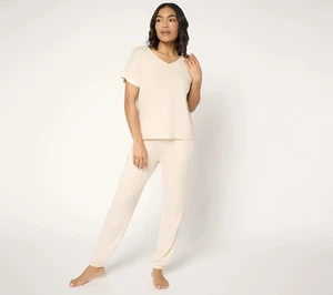 MUK LUKS Sz XL Sweater Knit Short Sleeve and Jogger Pajama Set BEIGE A677906 - Picture 1 of 1