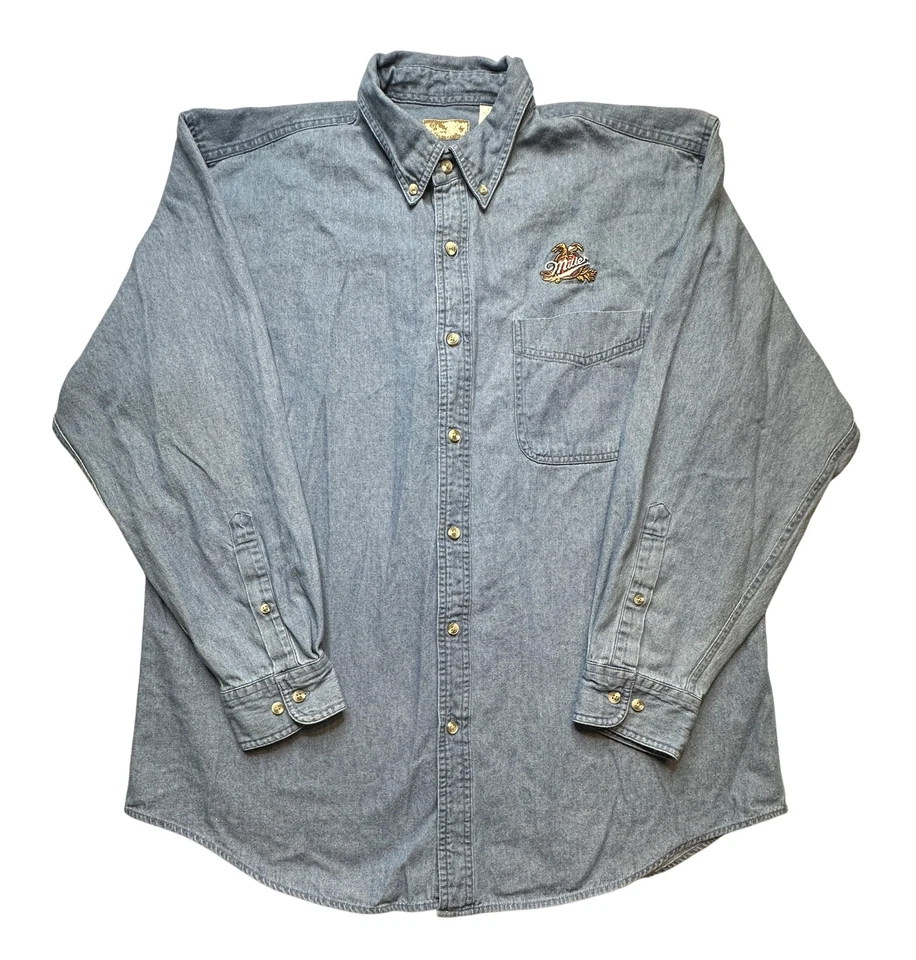 Camisa Denim Cerveza Edwards Miller De Colección Para Hombres Grande Azul Cambray Abotonada Años 90 Foto 1 de 4