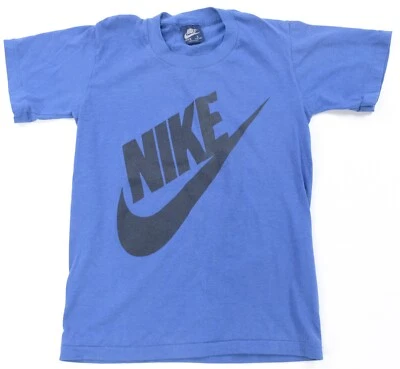 Rare Vintage NIKE Spell Out Swoosh Single Stitched T Shirt 80s Navy Tag Blue L - Image 1 of 4